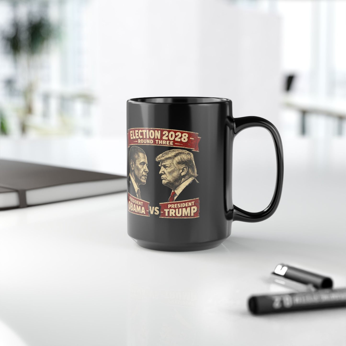 Election 2028 Black Mug — Obama vs Trump Vintage Portrait Coffee Mug (11oz/15oz)