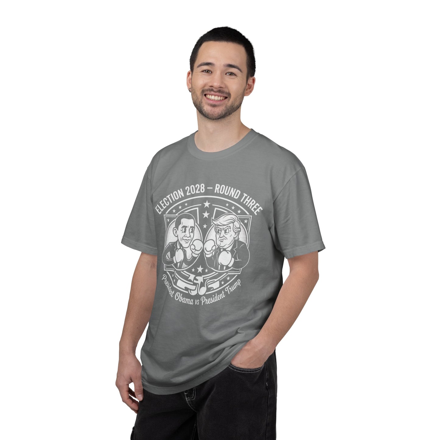 Election 2028 T-Shirt —  Cartoon Obama vs Trump Boxing Tee