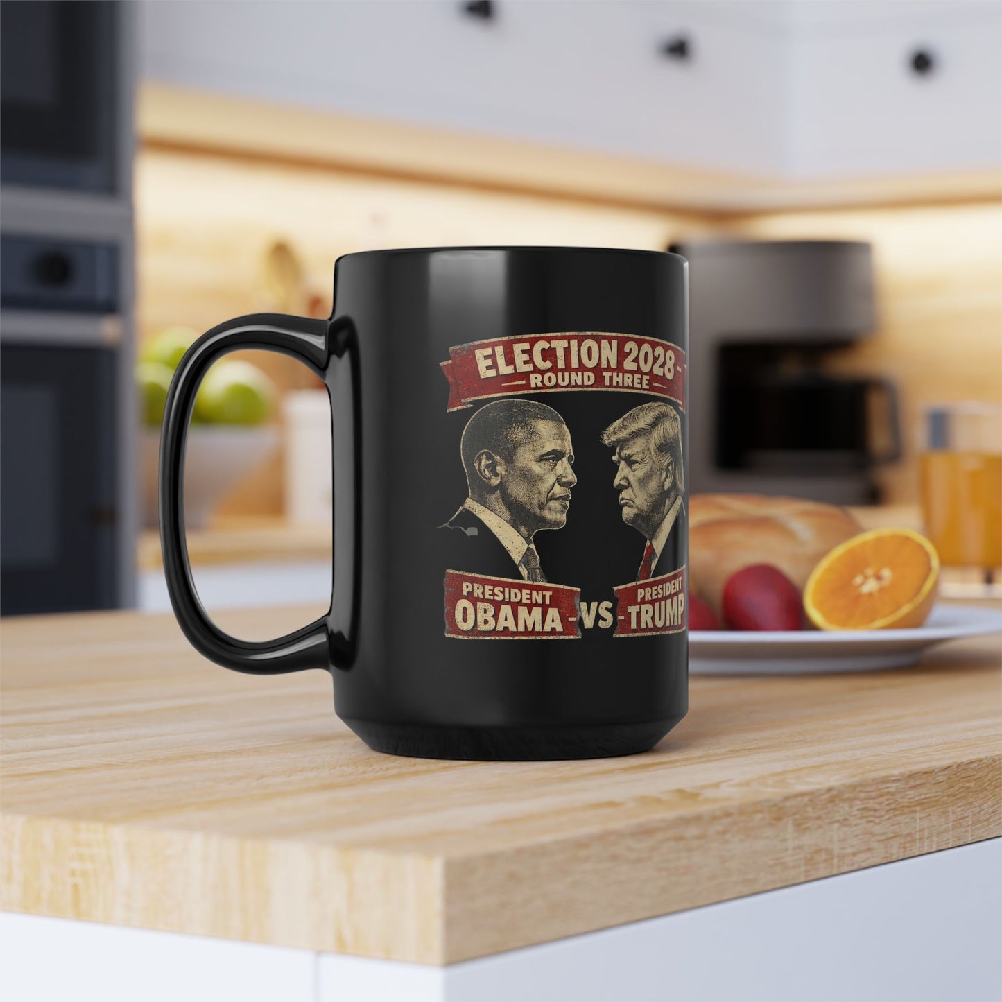 Election 2028 Black Mug — Obama vs Trump Vintage Portrait Coffee Mug (11oz/15oz)