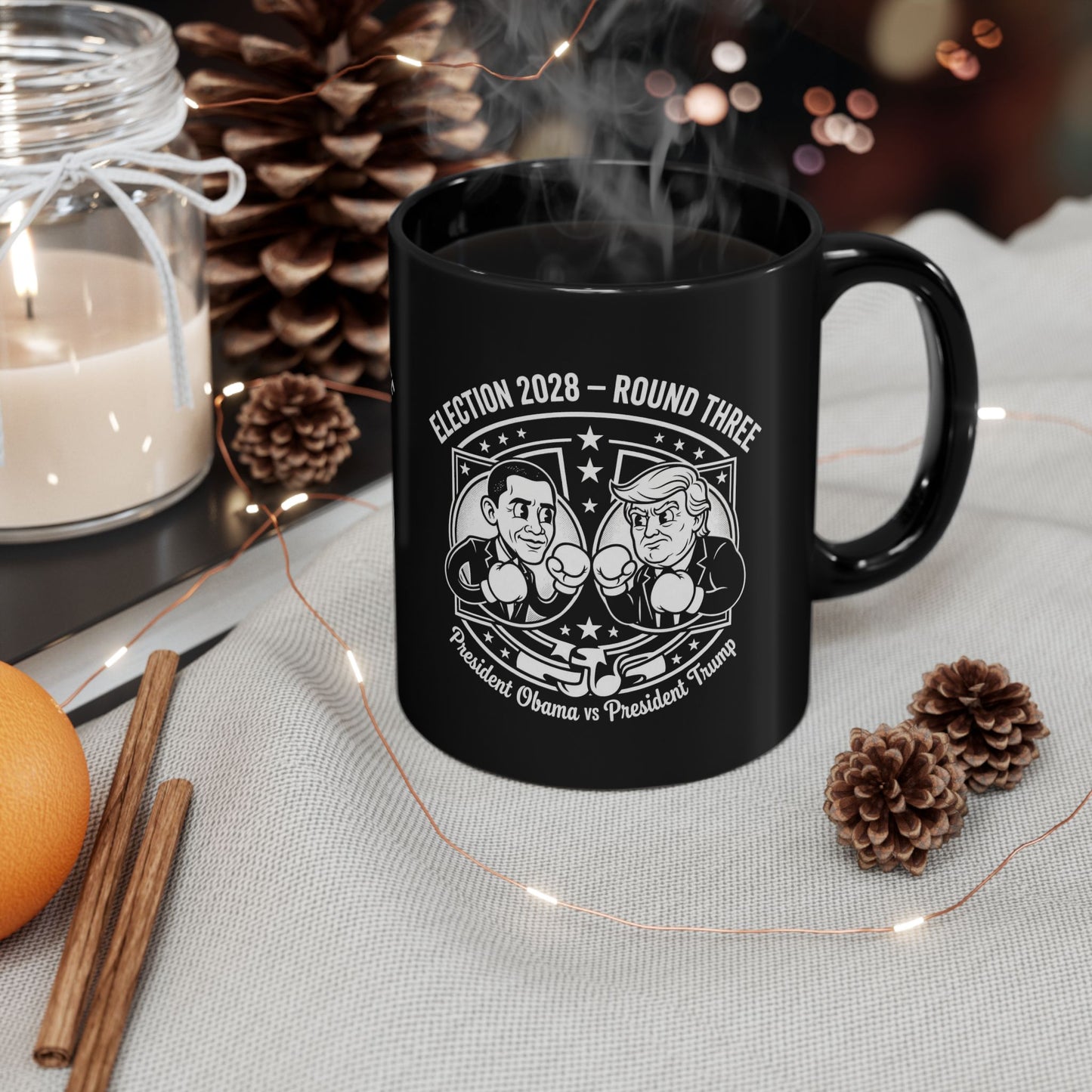Coffee Mug — "Election 2028: Obama vs Trump" Cartoon Design