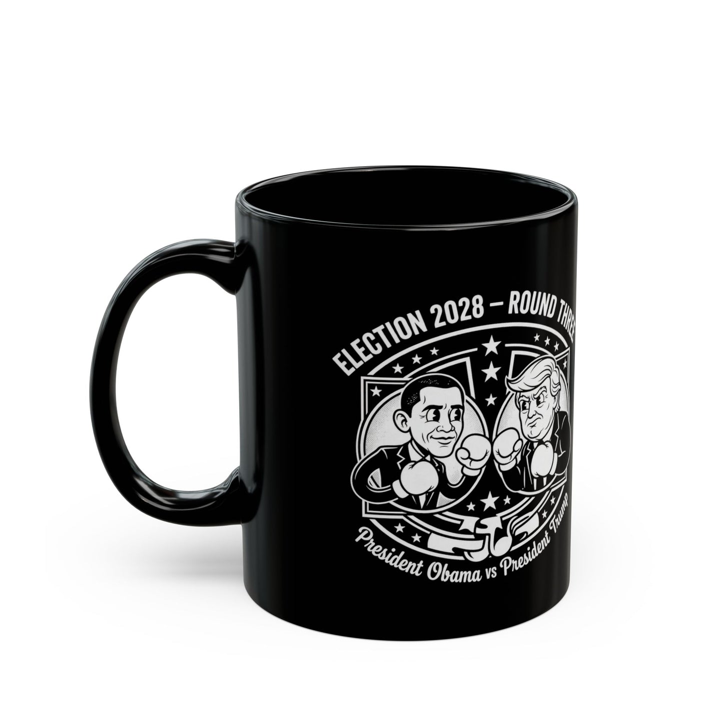 Coffee Mug — "Election 2028: Obama vs Trump" Cartoon Design