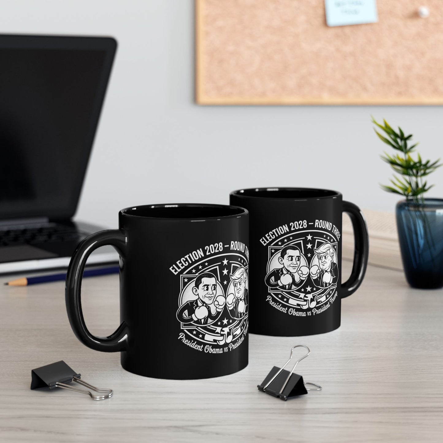Coffee Mug — "Election 2028: Obama vs Trump" Cartoon Design