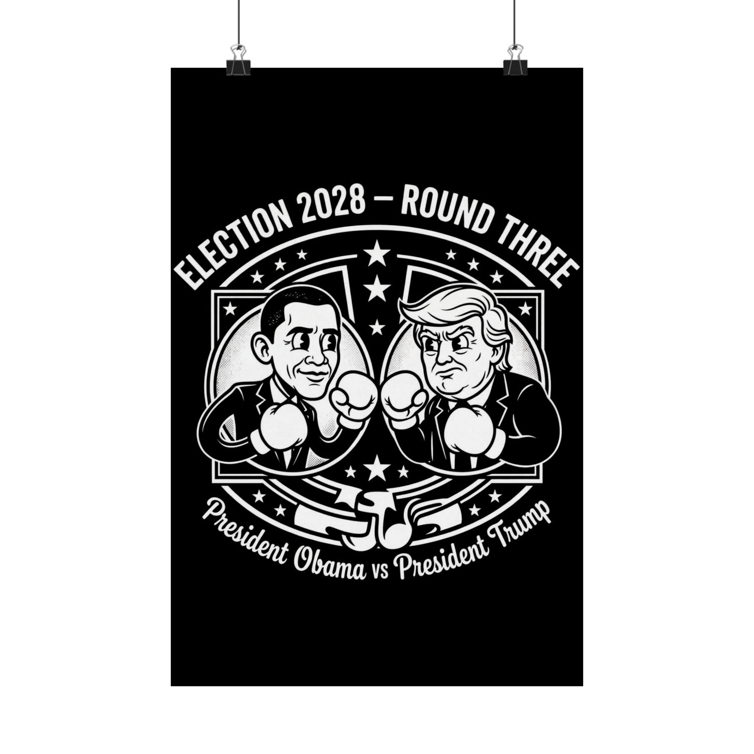 Election 2028 Obama vs Trump dark edition matte poster — vintage debate style print on archival paper — bipartisan political satire wall art from Election Showdown
