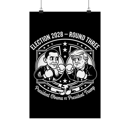 Election 2028 Obama vs Trump dark edition matte poster — vintage debate style print on archival paper — bipartisan political satire wall art from Election Showdown