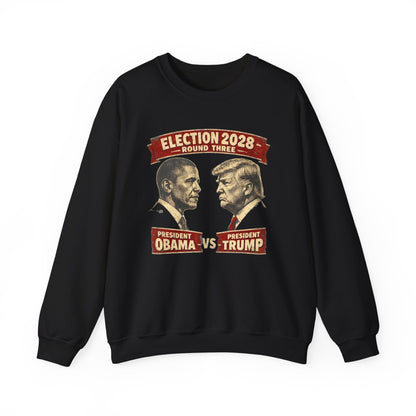 Election 2028 Obama vs Trump vintage presidential crewneck sweatshirt in black with warm-toned retro graphic — bipartisan political satire from Election Showdown