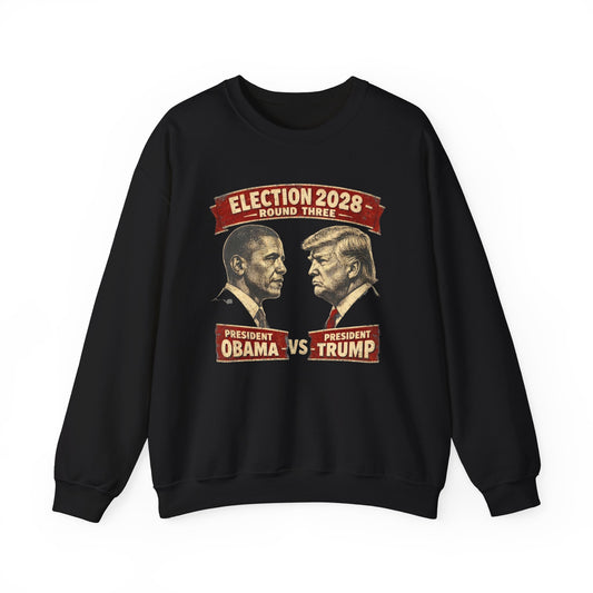 Election 2028 Obama vs Trump vintage presidential crewneck sweatshirt in black with warm-toned retro graphic — bipartisan political satire from Election Showdown
