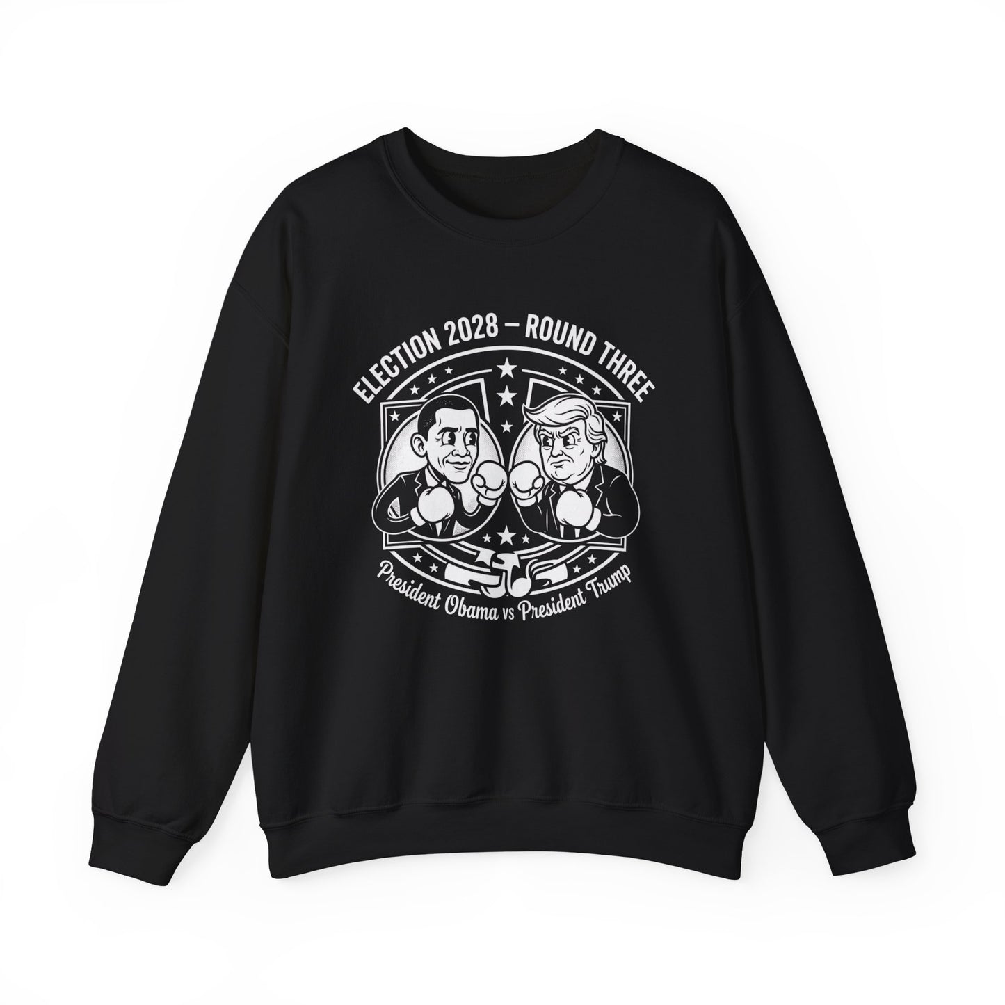 Election 2028 Round Three cartoon Obama vs Trump crewneck sweatshirt in black with illustrated boxing graphic — bipartisan political satire from Election Showdown