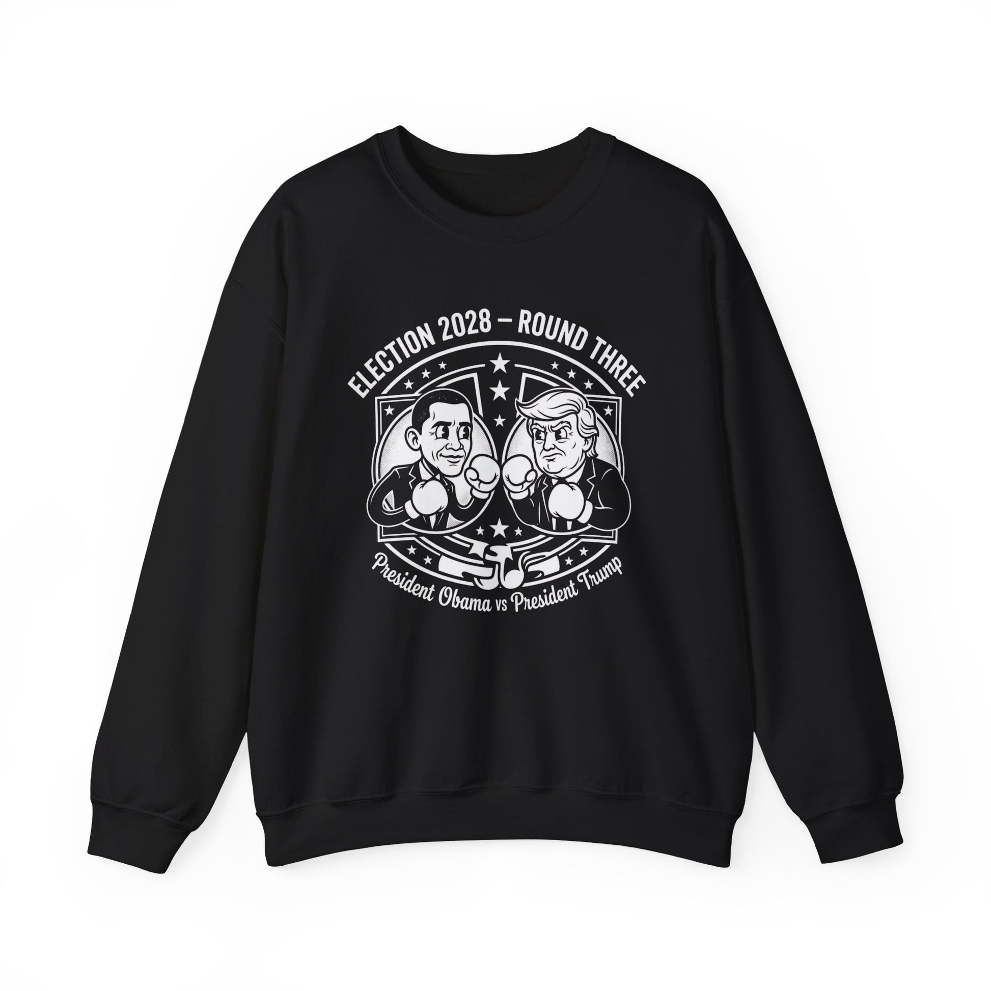 Election 2028 Round Three cartoon Obama vs Trump crewneck sweatshirt in black with illustrated boxing graphic — bipartisan political satire from Election Showdown