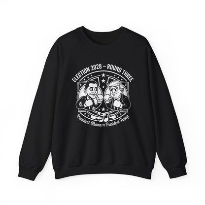 Election 2028 Round Three cartoon Obama vs Trump crewneck sweatshirt in black with illustrated boxing graphic — bipartisan political satire from Election Showdown