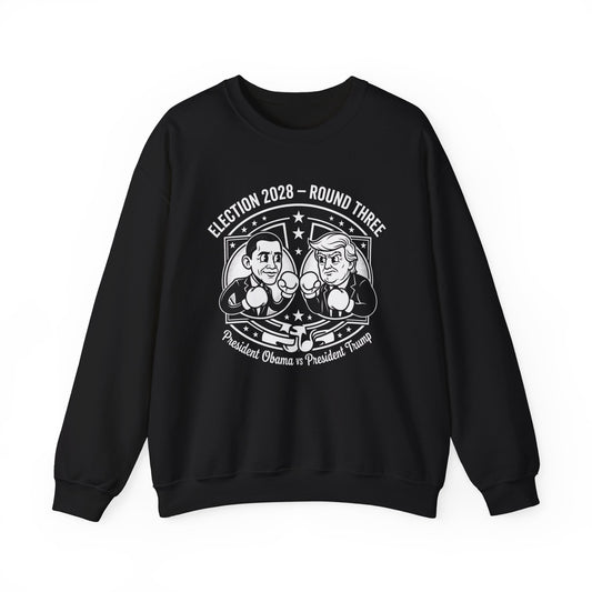 Election 2028 Round Three cartoon Obama vs Trump crewneck sweatshirt in black with illustrated boxing graphic — bipartisan political satire from Election Showdown