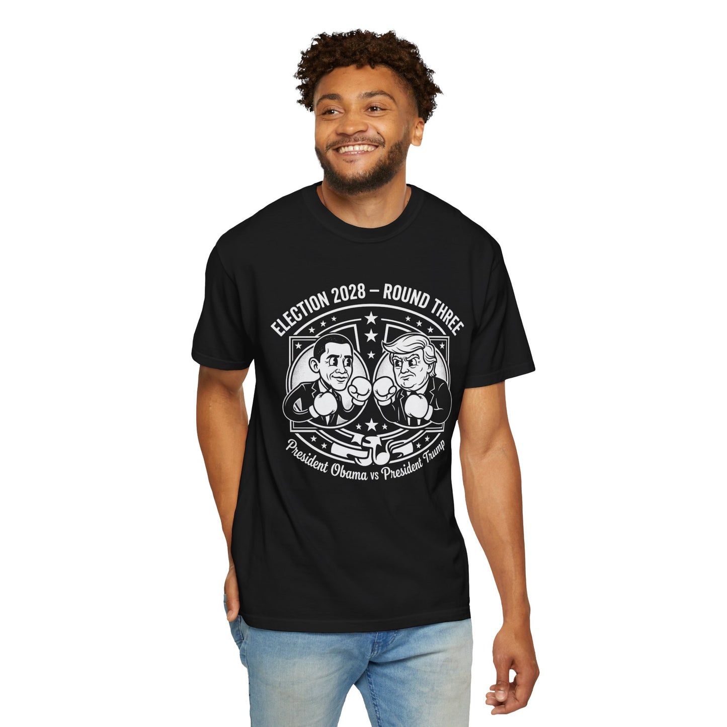 Election 2028 T-Shirt —  Cartoon Obama vs Trump Boxing Tee
