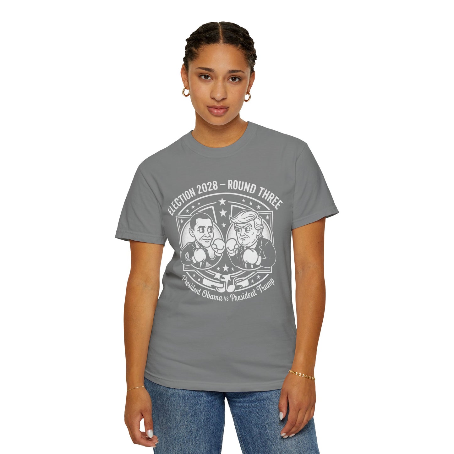 Election 2028 T-Shirt —  Cartoon Obama vs Trump Boxing Tee