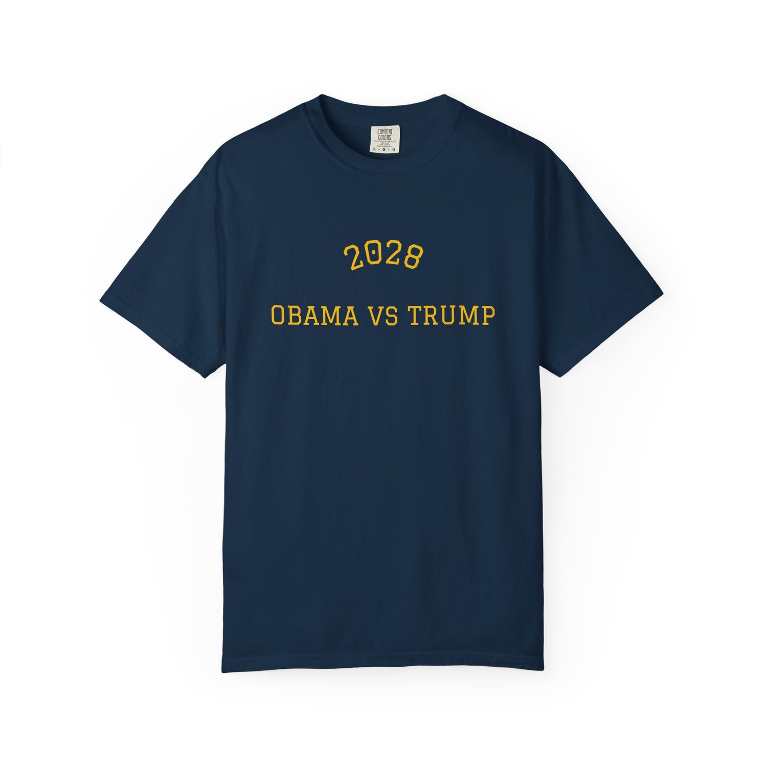 Election 2028 Obama vs Trump college t-shirt in navy blue with gold collegiate lettering — bipartisan political satire apparel from Election Showdown