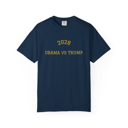 Election 2028 Obama vs Trump college t-shirt in navy blue with gold collegiate lettering — bipartisan political satire apparel from Election Showdown