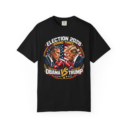 Election 2028 Fight Night Obama vs Trump t-shirt in black with Round Three boxing graphic — bipartisan political satire tee from Election Showdown