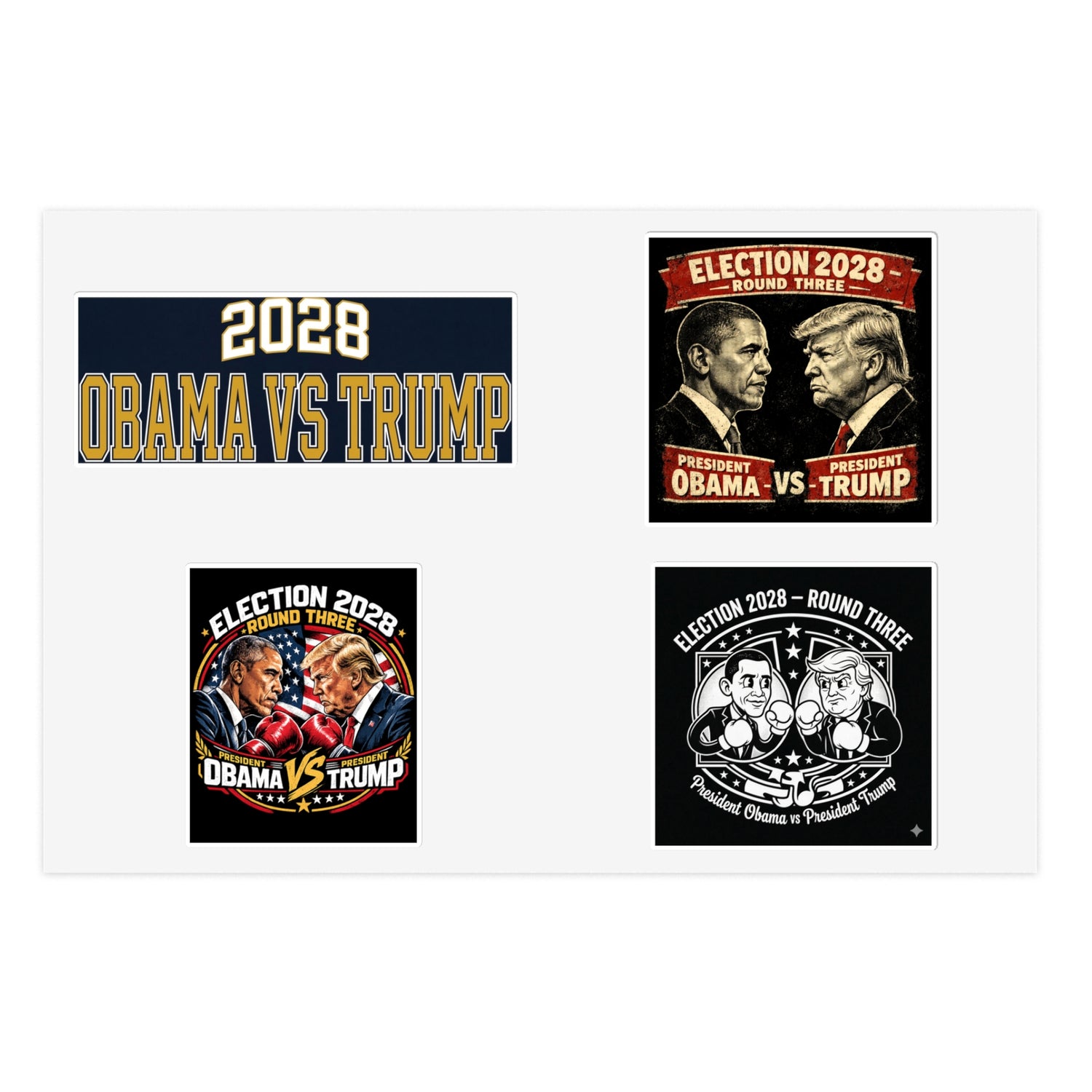 Obama vs Trump 2028 vinyl sticker set — political satire stickers featuring Election Showdown cartoon and fight night designs