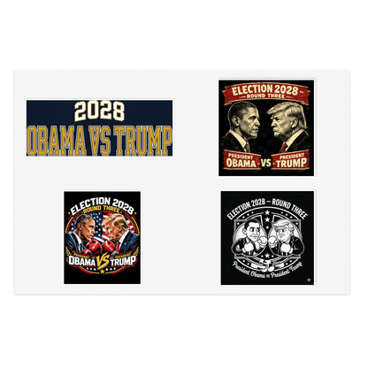 Obama vs Trump 2028 vinyl sticker set — political satire stickers featuring Election Showdown cartoon and fight night designs