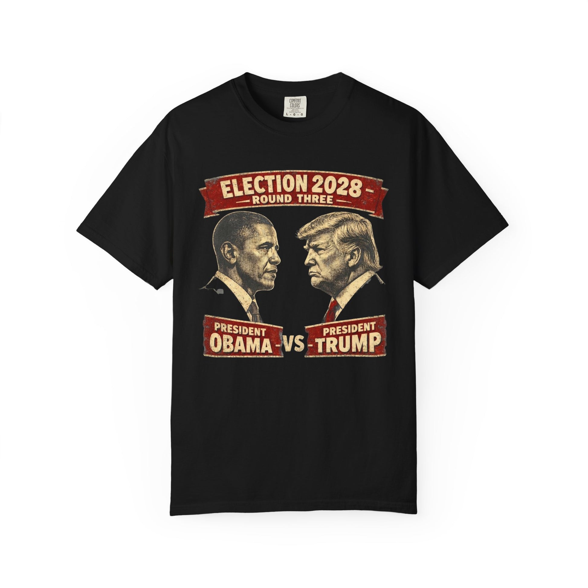 Election 2028 Presidential Obama vs Trump face-off t-shirt in black with vintage debate poster graphic — bipartisan political satire tee from Election Showdown