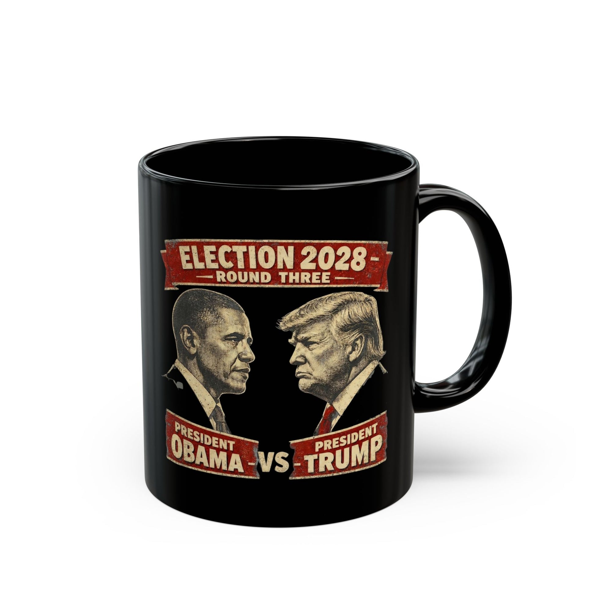 Election 2028 Obama vs Trump vintage portrait coffee mug in black with retro presidential face-off graphic — political satire mug from Election Showdown
