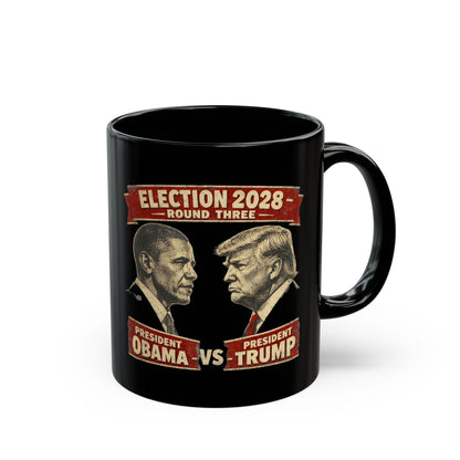 Election 2028 Obama vs Trump vintage portrait coffee mug in black with retro presidential face-off graphic — political satire mug from Election Showdown