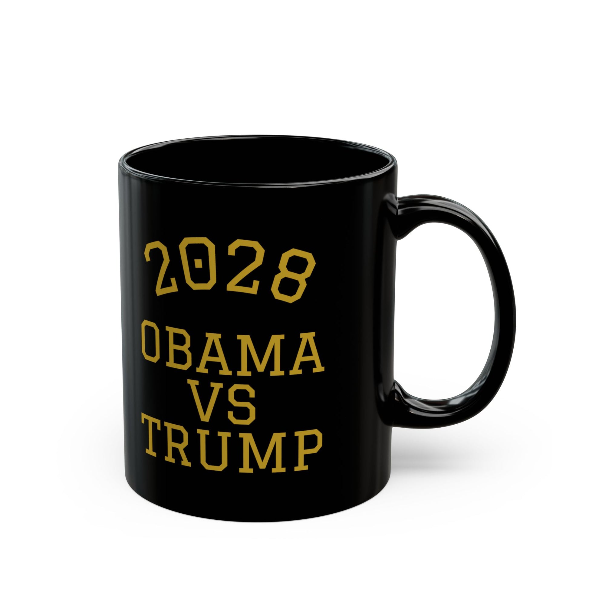 2028 Obama vs Trump collegiate coffee mug in black with gold block lettering — bipartisan political satire coffee cup from Election Showdown