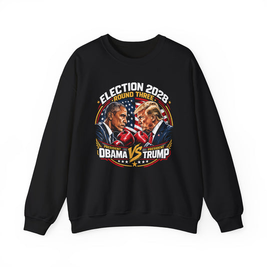 Election 2028 Obama vs Trump fight night crewneck sweatshirt in black with vintage boxing poster graphic — political satire apparel from Election Showdown