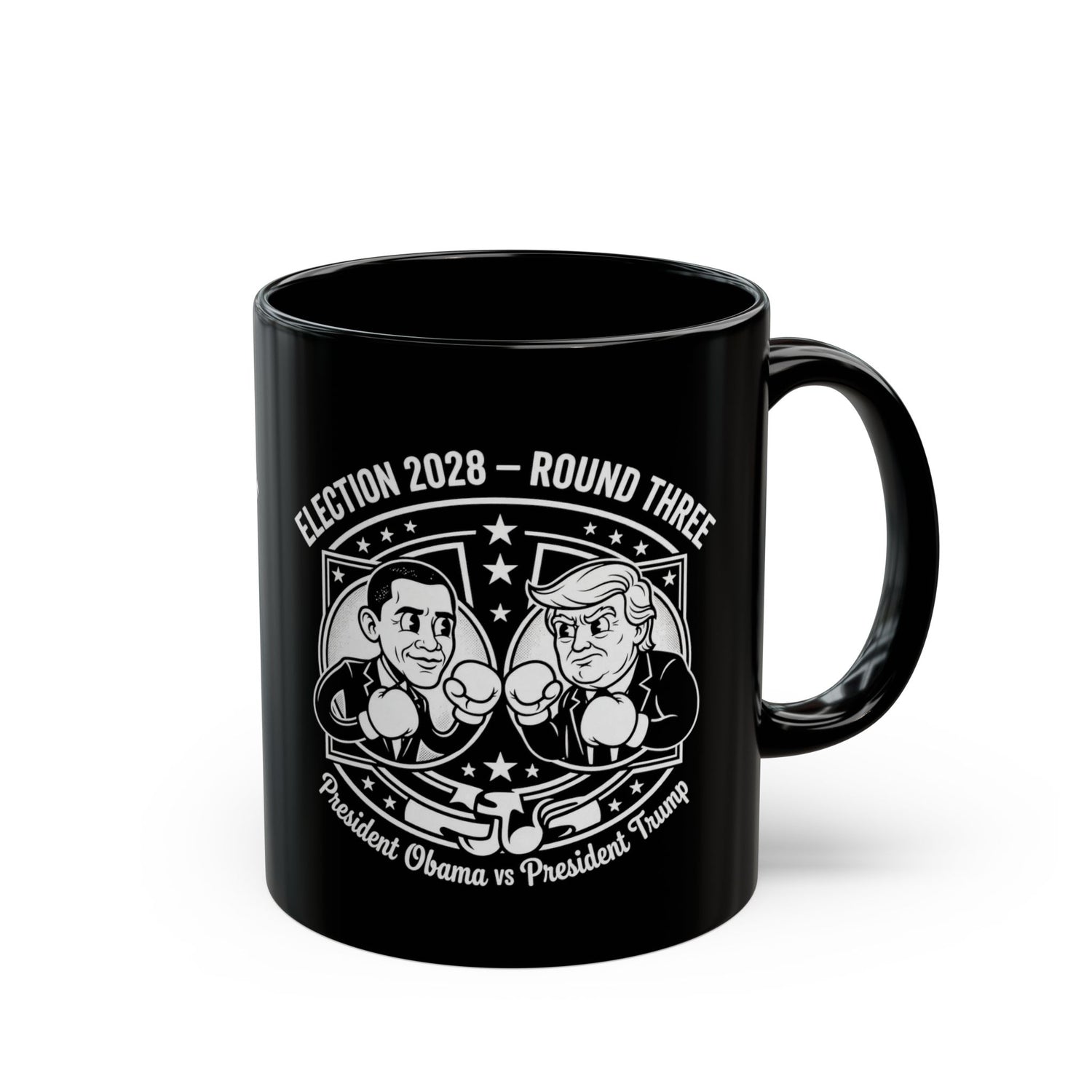 Election 2028 Obama vs Trump cartoon design coffee mug in black with wraparound political satire graphic — funny presidential showdown mug from Election Showdown