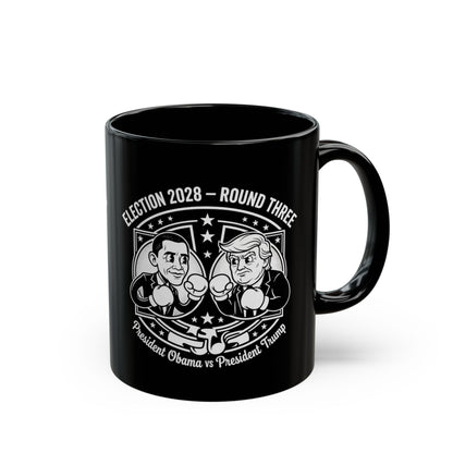 Election 2028 Obama vs Trump cartoon design coffee mug in black with wraparound political satire graphic — funny presidential showdown mug from Election Showdown