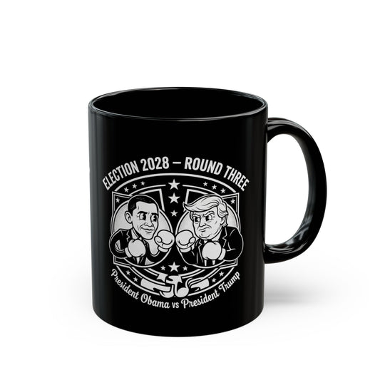 Election 2028 Obama vs Trump cartoon design coffee mug in black with wraparound political satire graphic — funny presidential showdown mug from Election Showdown
