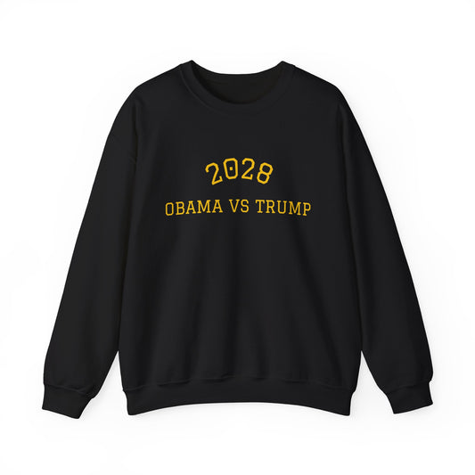 2028 Obama vs Trump collegiate crewneck sweatshirt in black with gold lettering — bipartisan political satire apparel from Election Showdown