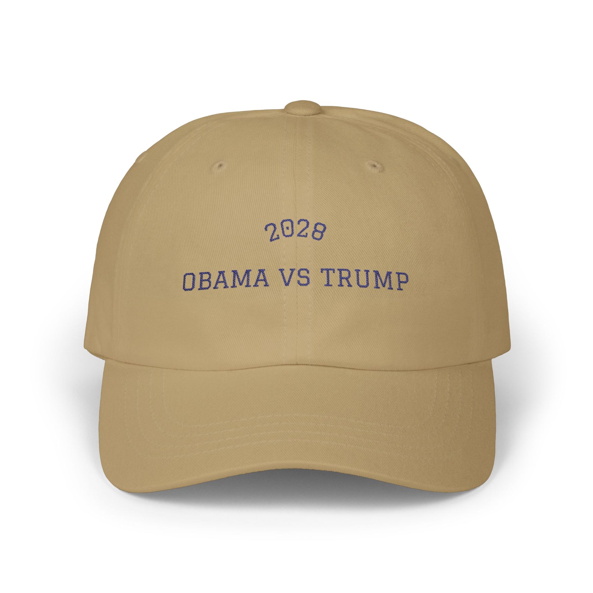 2028 Obama vs Trump embroidered dad cap in tan with dark lettering — bipartisan political satire baseball hat from Election Showdown