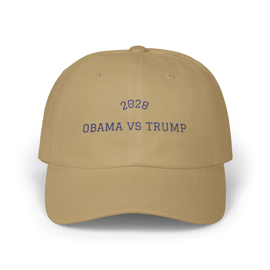 2028 Obama vs Trump embroidered dad cap in tan with dark lettering — bipartisan political satire baseball hat from Election Showdown