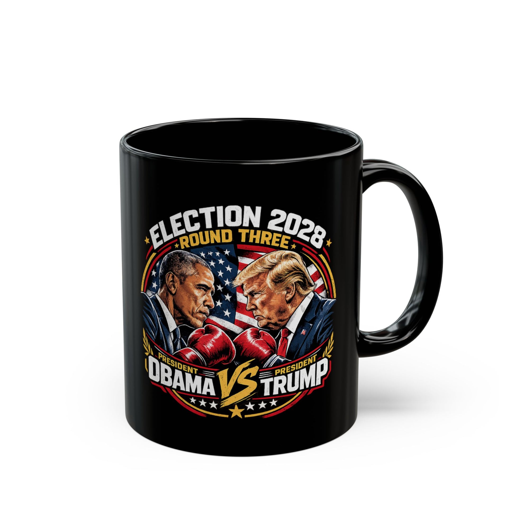 Election 2028 Obama vs Trump fight night design coffee mug in black with colorful wraparound boxing poster graphic — political satire mug from Election Showdown