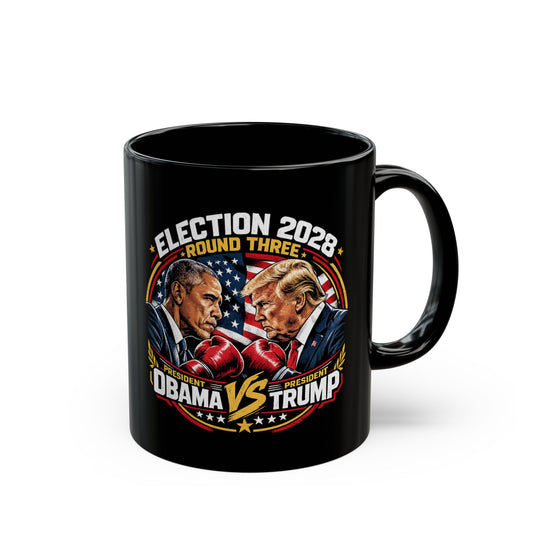 Election 2028 Obama vs Trump fight night design coffee mug in black with colorful wraparound boxing poster graphic — political satire mug from Election Showdown