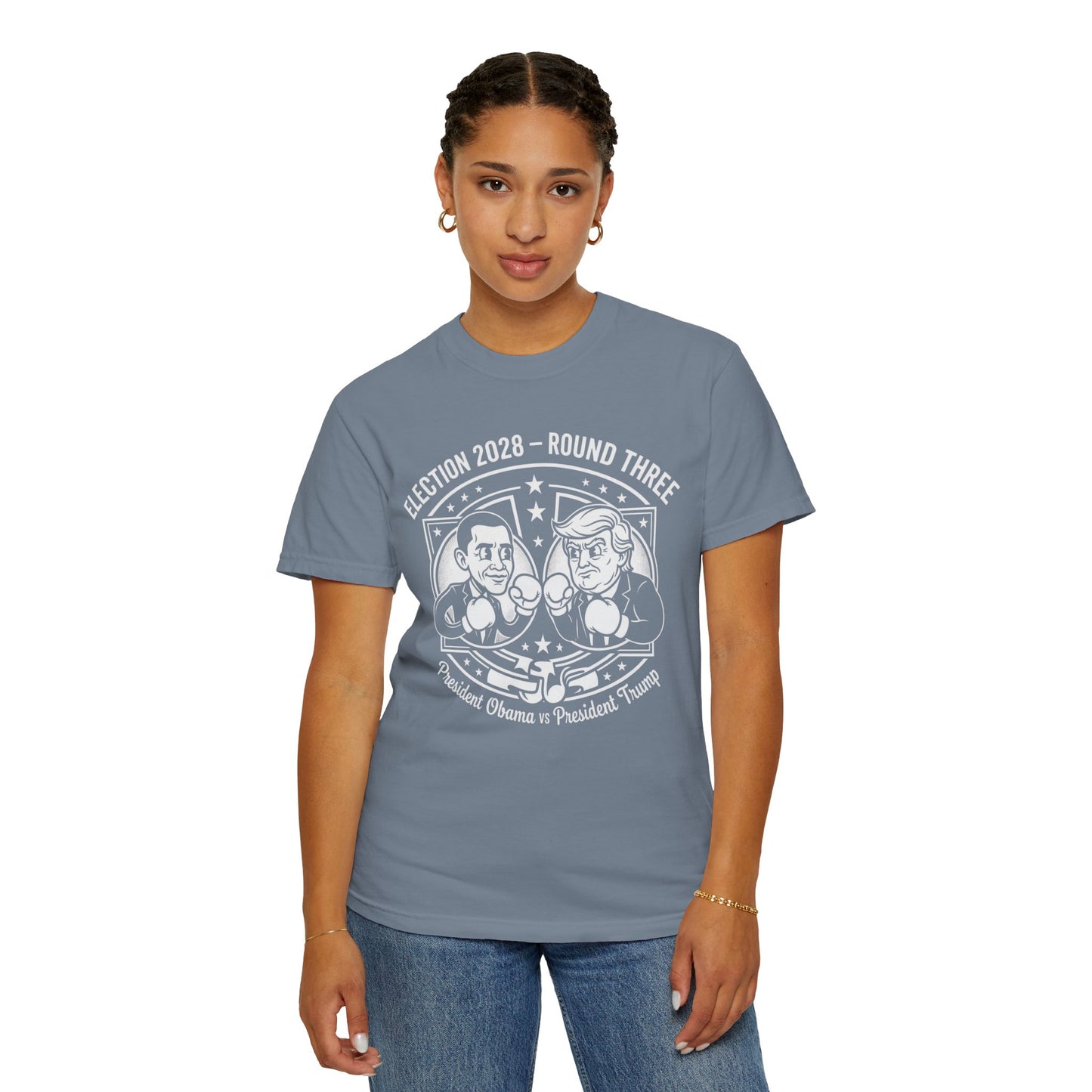 Election 2028 T-Shirt —  Cartoon Obama vs Trump Boxing Tee