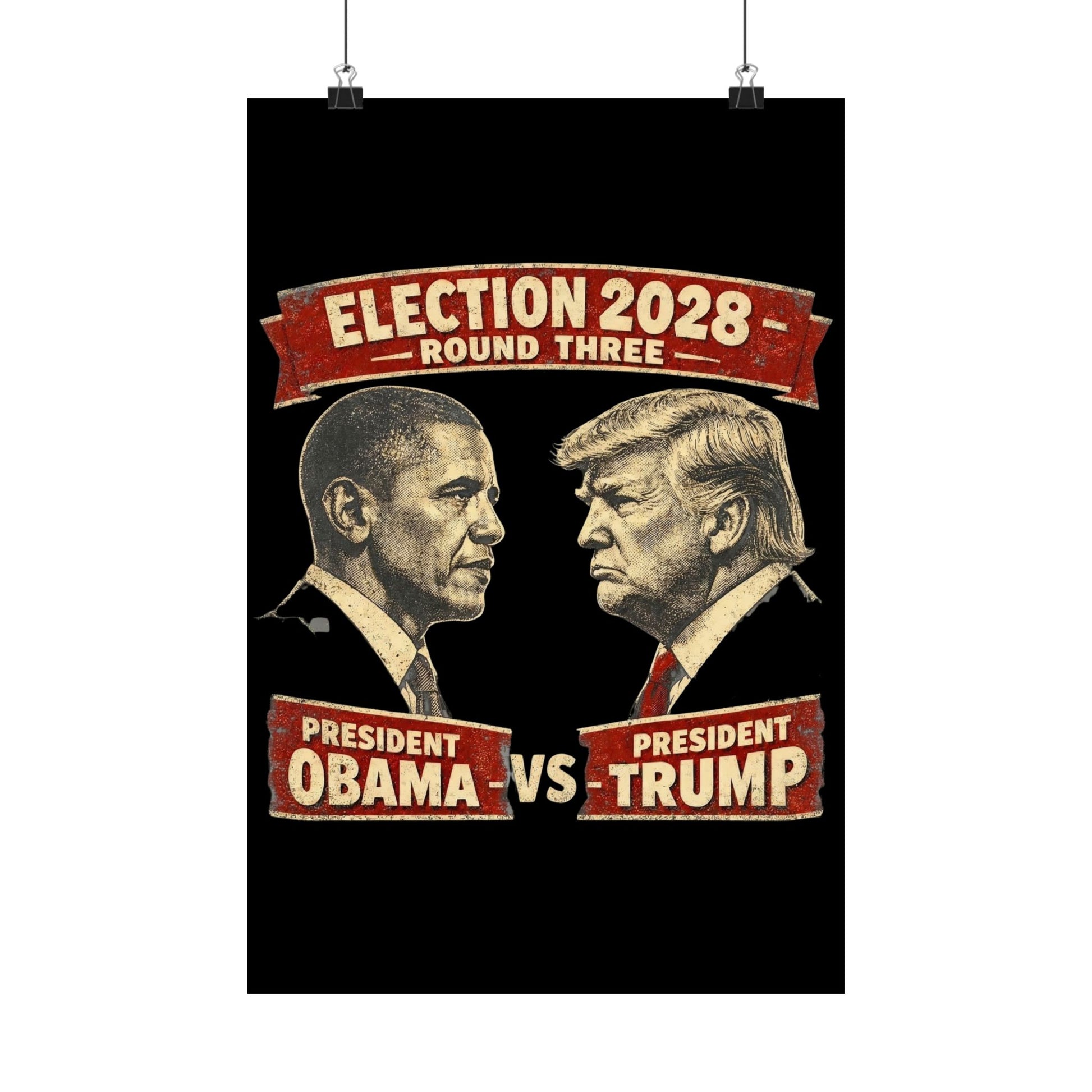 Election 2028 Obama vs Trump vintage debate style matte poster — Round Three presidential face-off print on archival museum-grade paper from Election Showdown