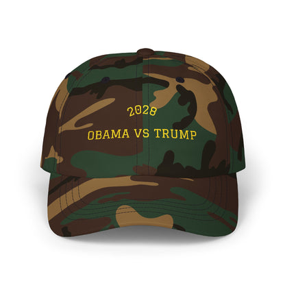 Election 2028 Obama vs Trump embroidered dad hat in camouflage — bipartisan political satire baseball cap from Election Showdown