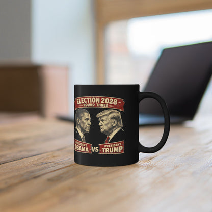 Election 2028 Black Mug — Obama vs Trump Vintage Portrait Coffee Mug (11oz/15oz)
