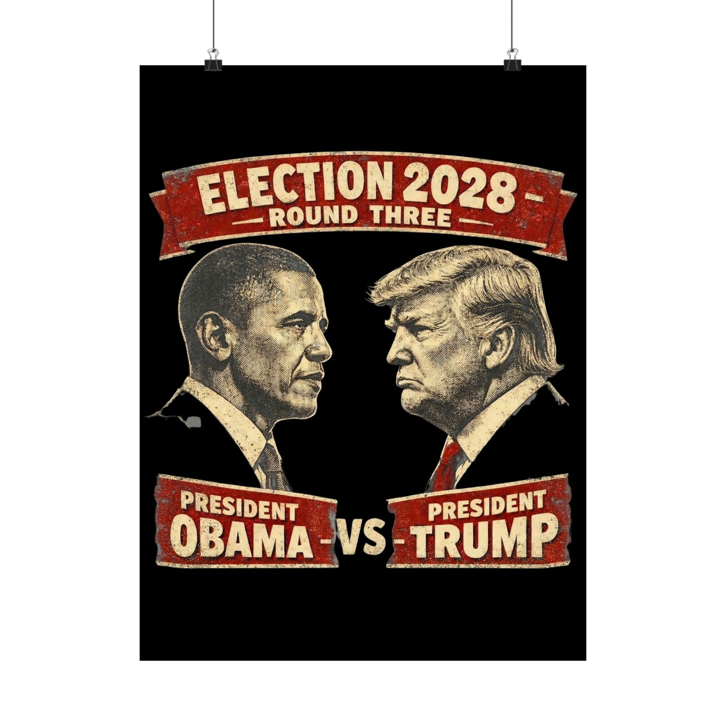 Election 2028 Matte Poster — Obama vs Trump Vintage Debate Style Print