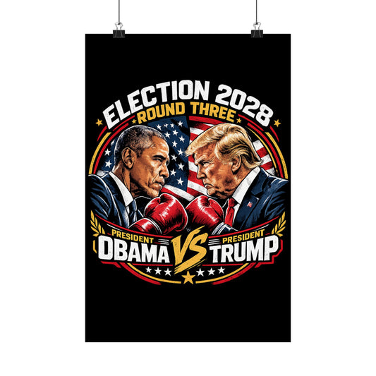 Election 2028 Obama vs Trump fight night theme matte poster — boxing-style political satire wall print on archival museum-grade paper from Election Showdown