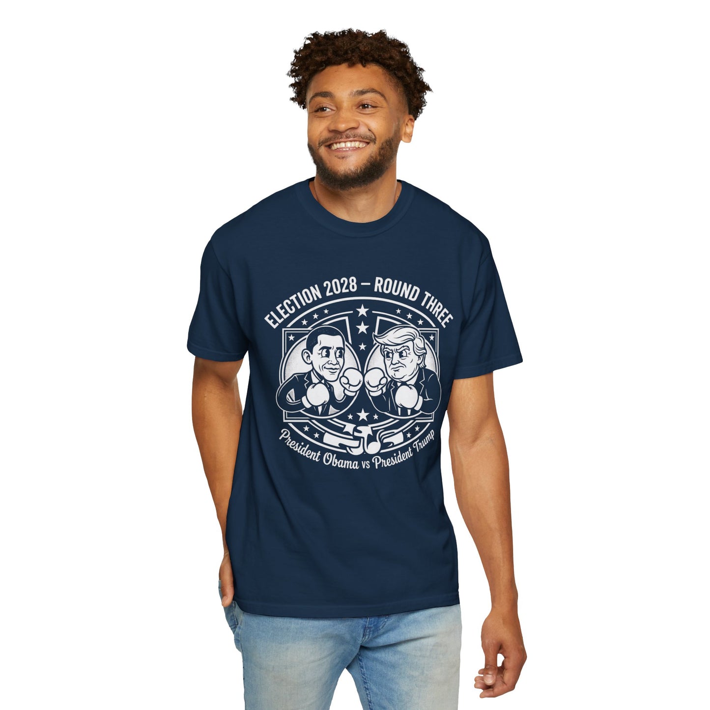 Election 2028 T-Shirt —  Cartoon Obama vs Trump Boxing Tee