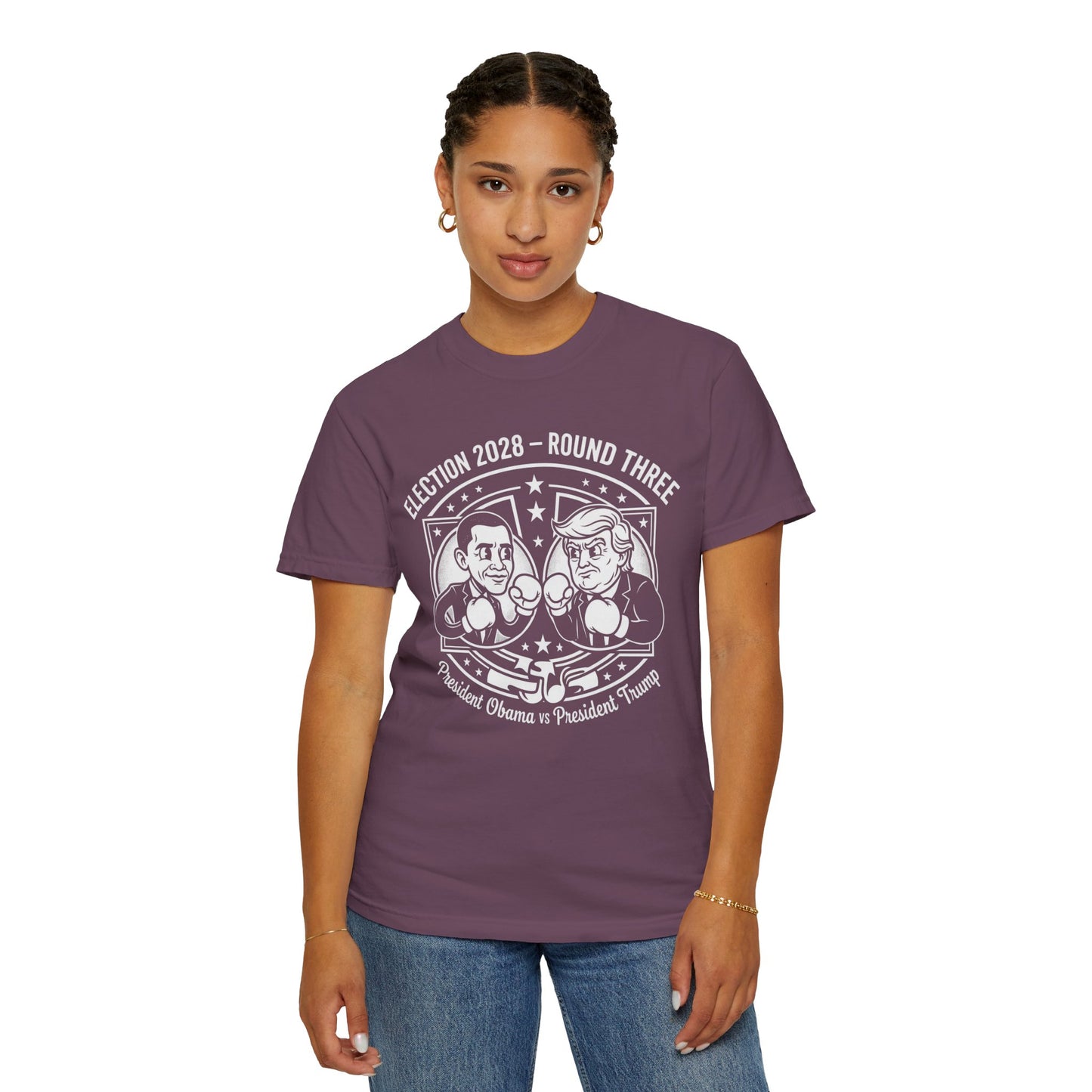 Election 2028 T-Shirt —  Cartoon Obama vs Trump Boxing Tee