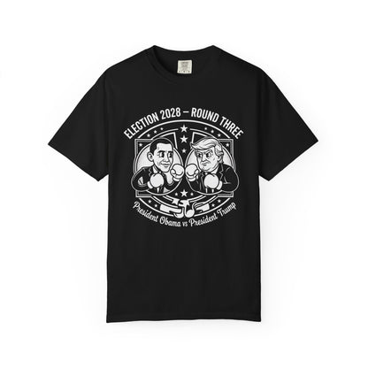 Election 2028 cartoon Obama vs Trump boxing t-shirt in black with vintage fight-night graphic — bipartisan political satire tee from Election Showdown